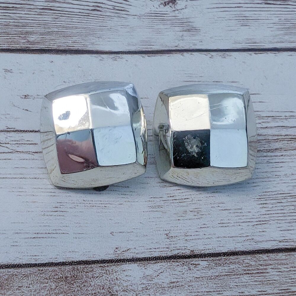 Vintage Clip On Earrings - Chunky Silver Tone - Scuffed